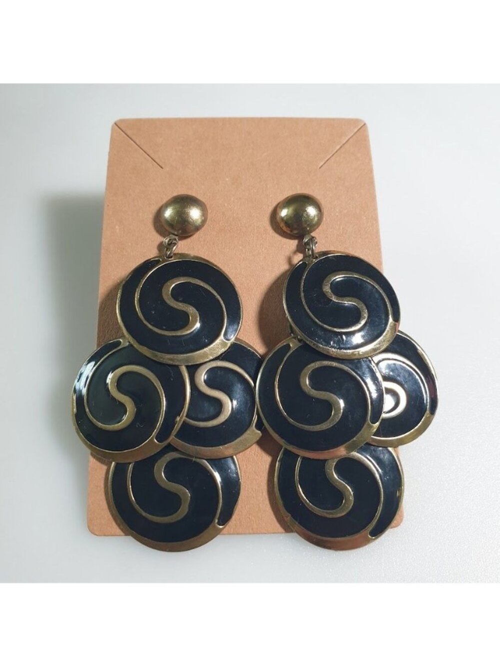 Vintage Black Gold Tone Swirl Dangling Post Earrings Tiered Costume Jewelry